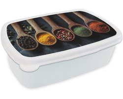 Broodtrommel Wit - Lunchbox Houten - Lepels - Specerijen - Kruiden - Brooddoos 18x12x6 cm - Brood lunch box - Broodtrommels voor kinderen en volwassenen