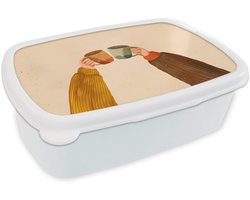 Broodtrommel Wit - Lunchbox Illustratie - Mokken - Proosten - Bruin - Brooddoos 18x12x6 cm - Brood lunch box - Broodtrommels voor kinderen en volwassenen