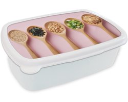 Broodtrommel Wit - Lunchbox Ingrediënten - Lepels - Hout - Roze - Brooddoos 18x12x6 cm - Brood lunch box - Broodtrommels voor kinderen en volwassenen