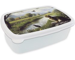 Broodtrommel Wit - Lunchbox Kat - Beekje - Weide - Brooddoos 18x12x6 cm - Brood lunch box - Broodtrommels voor kinderen en volwassenen