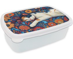 Broodtrommel Wit - Lunchbox Kat - Bloemenpatroon - Blauw - Oranje - Brooddoos 18x12x6 cm - Brood lunch box - Broodtrommels voor kinderen en volwassenen