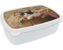 Broodtrommel Wit - Lunchbox Kat - Bloemenprint - Rieten mand - Brooddoos 18x12x6 cm - Brood lunch box - Broodtrommels voor kinderen en volwassenen