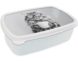 Broodtrommel Wit - Lunchbox Kat - Bril - Mok - Pluizig - Brooddoos 18x12x6 cm - Brood lunch box - Broodtrommels voor kinderen en volwassenen