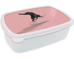 Broodtrommel Wit - Lunchbox Kat - Skateboard - Roze - Brooddoos 18x12x6 cm - Brood lunch box - Broodtrommels voor kinderen en volwassenen
