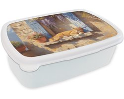 Broodtrommel Wit - Lunchbox Kat - Stenen vensterbank - Bloemen - Brooddoos 18x12x6 cm - Brood lunch box - Broodtrommels voor kinderen en volwassenen