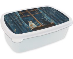 Broodtrommel Wit - Lunchbox Kat - Sterrenhemel - Blauw - Brooddoos 18x12x6 cm - Brood lunch box - Broodtrommels voor kinderen en volwassenen