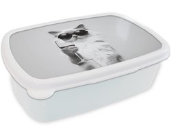 Broodtrommel Wit - Lunchbox Kat - Zonnebril - Wijnglas - Langharig - Brooddoos 18x12x6 cm - Brood lunch box - Broodtrommels voor kinderen en volwassenen