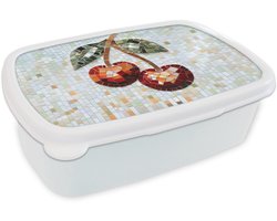 Broodtrommel Wit - Lunchbox Kersen - Rood - Mozaïek - Blaadjes - Brooddoos 18x12x6 cm - Brood lunch box - Broodtrommels voor kinderen en volwassenen