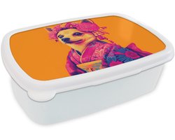 Broodtrommel Wit - Lunchbox Kimono - Hondje - Bloemenkroon - Oranje - Brooddoos 18x12x6 cm - Brood lunch box - Broodtrommels voor kinderen en volwassenen