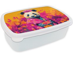 Broodtrommel Wit - Lunchbox Kimono - Roze - Panda - Bloemenkroon - Brooddoos 18x12x6 cm - Brood lunch box - Broodtrommels voor kinderen en volwassenen