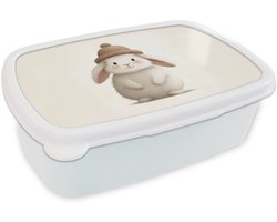 Broodtrommel Wit - Lunchbox Konijn - Muts - Oren - Beige - Brooddoos 18x12x6 cm - Brood lunch box - Broodtrommels voor kinderen en volwassenen