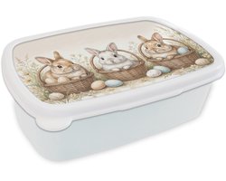Broodtrommel Wit - Lunchbox Konijnen - Eieren - Bloemen - Beige - Brooddoos 18x12x6 cm - Brood lunch box - Broodtrommels voor kinderen en volwassenen