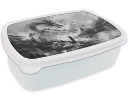Broodtrommel Wit - Lunchbox Krijger - Draak - Grijs - Brooddoos 18x12x6 cm - Brood lunch box - Broodtrommels voor kinderen en volwassenen