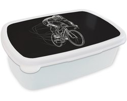 Broodtrommel Wit - Lunchbox Lijntekening - Wit - Wielrennen - Snelheid - Brooddoos 18x12x6 cm - Brood lunch box - Broodtrommels voor kinderen en volwassenen