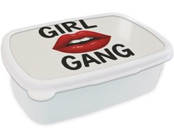 Broodtrommel Wit - Lunchbox Lip - Girl - Rood - Letters - Brooddoos 18x12x6 cm - Brood lunch box - Broodtrommels voor kinderen en volwassenen