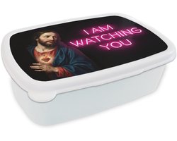 Broodtrommel Wit - Lunchbox Man - Tekst - Neon - Brooddoos 18x12x6 cm - Brood lunch box - Broodtrommels voor kinderen en volwassenen