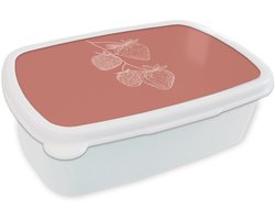 Broodtrommel Wit - Lunchbox Minimalistisch - Illustratie - Aardbei - Tak - Brooddoos 18x12x6 cm - Brood lunch box - Broodtrommels voor kinderen en volwassenen