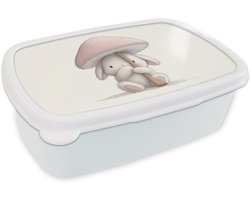Broodtrommel Wit - Lunchbox Paddenstoel - Konijn - Roze - Brooddoos 18x12x6 cm - Brood lunch box - Broodtrommels voor kinderen en volwassenen