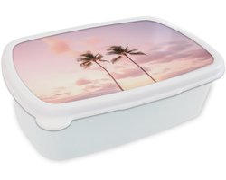 Broodtrommel Wit - Lunchbox Palmbomen - Paars - Wolken - Lucht - Brooddoos 18x12x6 cm - Brood lunch box - Broodtrommels voor kinderen en volwassenen