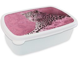 Broodtrommel Wit - Lunchbox Panter - Luxe - Roze - Brooddoos 18x12x6 cm - Brood lunch box - Broodtrommels voor kinderen en volwassenen
