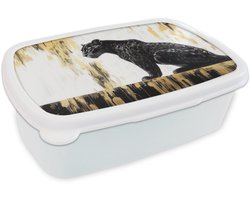 Broodtrommel Wit - Lunchbox Panter - Zwart - Abstract - Goud - Brooddoos 18x12x6 cm - Brood lunch box - Broodtrommels voor kinderen en volwassenen