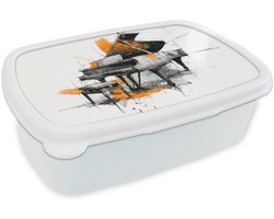 Broodtrommel Wit - Lunchbox Piano - Oranje - Zwart - schets lijnen - Brooddoos 18x12x6 cm - Brood lunch box - Broodtrommels voor kinderen en volwassenen