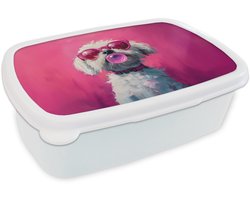 Broodtrommel Wit - Lunchbox Pink - Hond - Bubbel - Brooddoos 18x12x6 cm - Brood lunch box - Broodtrommels voor kinderen en volwassenen