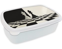 Broodtrommel Wit - Lunchbox Schaakstukken - Koning - Geblokt - Zwart - Brooddoos 18x12x6 cm - Brood lunch box - Broodtrommels voor kinderen en volwassenen