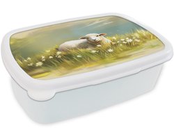 Broodtrommel Wit - Lunchbox Schaap - Weide - Groen - Brooddoos 18x12x6 cm - Brood lunch box - Broodtrommels voor kinderen en volwassenen
