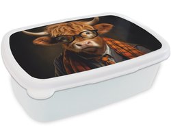Broodtrommel Wit - Lunchbox Schotse hooglander - Bril - Sjaal - Dier - Brooddoos 18x12x6 cm - Brood lunch box - Broodtrommels voor kinderen en volwassenen