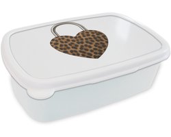 Broodtrommel Wit - Lunchbox Slot - Hartvormig - Bruin - Panterprint - Brooddoos 18x12x6 cm - Brood lunch box - Broodtrommels voor kinderen en volwassenen