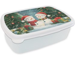 Broodtrommel Wit - Lunchbox Sneeuwpop - Kerstsneeuw - Groen - Rood - Brooddoos 18x12x6 cm - Brood lunch box - Broodtrommels voor kinderen en volwassenen