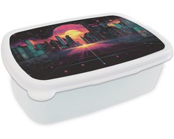 Broodtrommel Wit - Lunchbox Stad - Gebouwen - Zon - Geel - Brooddoos 18x12x6 cm - Brood lunch box - Broodtrommels voor kinderen en volwassenen