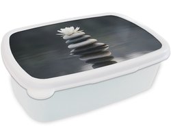 Broodtrommel Wit - Lunchbox Stenen - Lotus - Grijs - Brooddoos 18x12x6 cm - Brood lunch box - Broodtrommels voor kinderen en volwassenen
