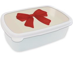 Broodtrommel Wit - Lunchbox Strik - Symmetrisch - Rood - Lint - Brooddoos 18x12x6 cm - Brood lunch box - Broodtrommels voor kinderen en volwassenen
