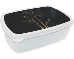 Broodtrommel Wit - Lunchbox Takken - Blaadjes - Zwart - Brooddoos 18x12x6 cm - Brood lunch box - Broodtrommels voor kinderen en volwassenen