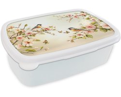 Broodtrommel Wit - Lunchbox Takken - Bloemen - Vogeltjes - Roze - Brooddoos 18x12x6 cm - Brood lunch box - Broodtrommels voor kinderen en volwassenen