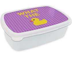 Broodtrommel Wit - Lunchbox Tekst - Eend - Paars - Brooddoos 18x12x6 cm - Brood lunch box - Broodtrommels voor kinderen en volwassenen