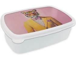 Broodtrommel Wit - Lunchbox Tijger - Bril - Geel - Jasje - Brooddoos 18x12x6 cm - Brood lunch box - Broodtrommels voor kinderen en volwassenen