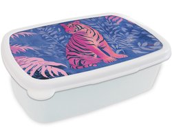 Broodtrommel Wit - Lunchbox Tijger - Roze - Bladeren - Jungle - Brooddoos 18x12x6 cm - Brood lunch box - Broodtrommels voor kinderen en volwassenen