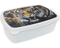 Broodtrommel Wit - Lunchbox Tijger - Verfspatten - Goud - Brooddoos 18x12x6 cm - Brood lunch box - Broodtrommels voor kinderen en volwassenen