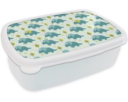 Broodtrommel Wit - Lunchbox Triceratop - Blauw - Stippen - Boompjes - Brooddoos 18x12x6 cm - Brood lunch box - Broodtrommels voor kinderen en volwassenen