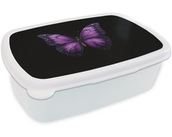 Broodtrommel Wit - Lunchbox Vlinder - Paars - Levendig - Brooddoos 18x12x6 cm - Brood lunch box - Broodtrommels voor kinderen en volwassenen