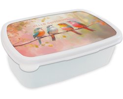 Broodtrommel Wit - Lunchbox Vogels - Tak - Quote - Roze - Brooddoos 18x12x6 cm - Brood lunch box - Broodtrommels voor kinderen en volwassenen