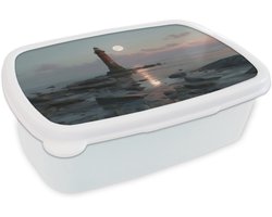 Broodtrommel Wit - Lunchbox Vuurtoren - Stenen - Water - Maan - Brooddoos 18x12x6 cm - Brood lunch box - Broodtrommels voor kinderen en volwassenen