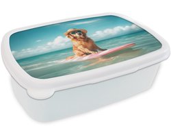 Broodtrommel Wit - Lunchbox Zeewater - Hond - Golden retriever - Zonnebril - Brooddoos 18x12x6 cm - Brood lunch box - Broodtrommels voor kinderen en volwassenen