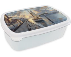 Broodtrommel Wit - Lunchbox Zeilboot - Zon - Pier - Hout - Brooddoos 18x12x6 cm - Brood lunch box - Broodtrommels voor kinderen en volwassenen