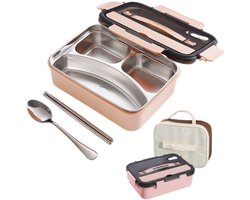 Broodtrommel+Opbergtas - Lunchbox Volwassenen - Lunchbox - Lunchbox Roestvrij Staal - lunchboxen - Bento Box - RVS Broodtrommel voor Kinderen & Volwassenen - RVS Broodtrommel Met lepel en vork - Lekvrije lunchbox - BPA-vrij -21.6*17.5*7.5cm