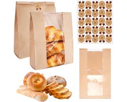 Broodzakken papier-papieren zakken voor brood-50 grote papieren broodzakken - Kraftpapieren broodzakken - Bakzakken met transparant venster - Voedselveilige bruine boterbroodzakken - Voor brood, koekjes en gebak - 35×21×8 cm