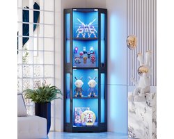 BROTTAR 65" hoekvitrinekast zwart met glazen deuren, 3-kleuren dimbare LED-verlichting, bewegingssensor, gehard glas, FSC hout, 4 hoekplanken voor verzamelobjecten, boeken, wijn en decoratie